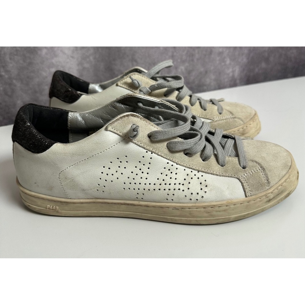 P448 John White Silver Metallic Suede Low Top Sneakers Womens Size 41 US 10-10.5